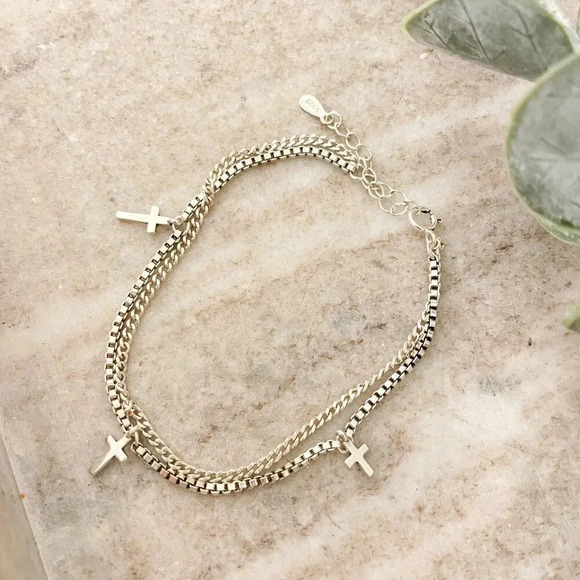 925 Sterling Silver Dainty Box Chain Bracelet Thin Dangle Cross Charm Bracelet - Picture 3 of 5